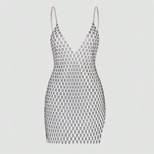 Women Clothing Dress Sexy Fishnet Dress V Neck Rhinestone Suspender Dress Tight Women