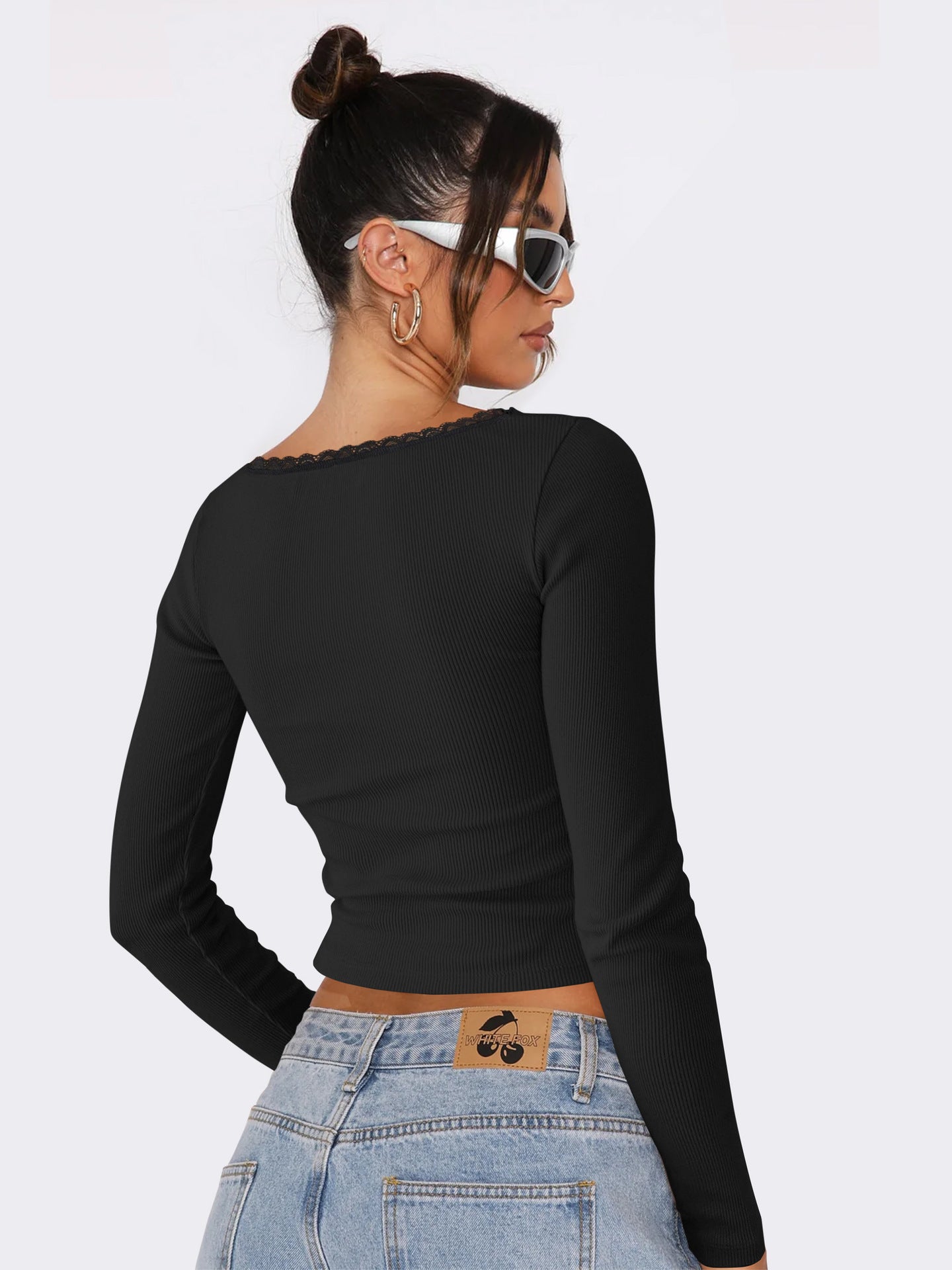 Long Sleeved T Shirt Women Brand Slimming Slim Lace Stitching Sexy Top U Neck Bottoming Shirt