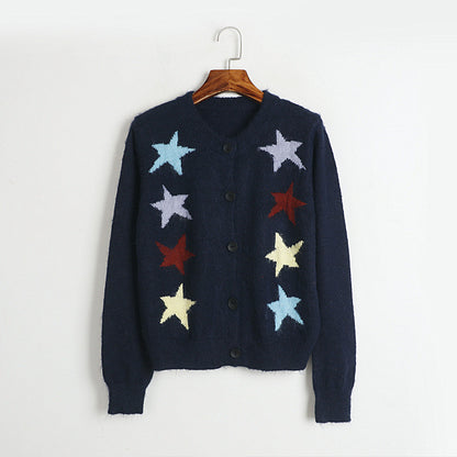 Women Sweater Autumn Winter Five Pointed Star Single Breasted Mohair Knitted Cardigan