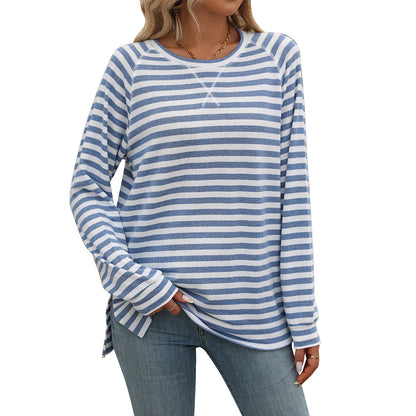 Autumn Winter Striped Contrast Color round Neck Long Sleeve Loose Fitting T shirt Top Women