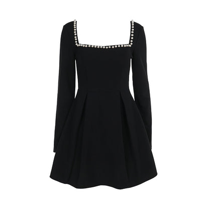 Fall Type Hip Fashionable Elegant Slim Pearl Square Collar Dress Women