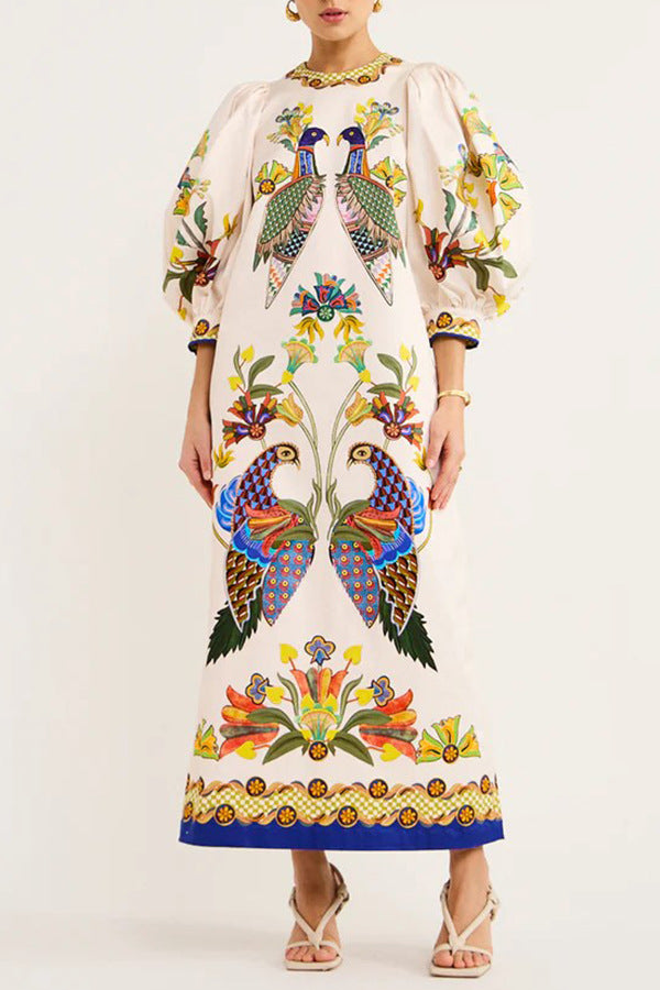 Autumn Printed Peacock Round Neck Dress Amplified craft