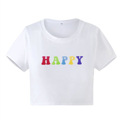 Women Clothing New Happy Letter Graphic Printed Short Slim Fit Short Sleeved T shirt