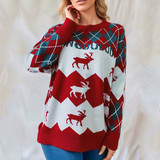 Year Sweater Christmas Sweater Round Neck Long Sleeve Color Matching Christmas Elk Knitted Pullover Women