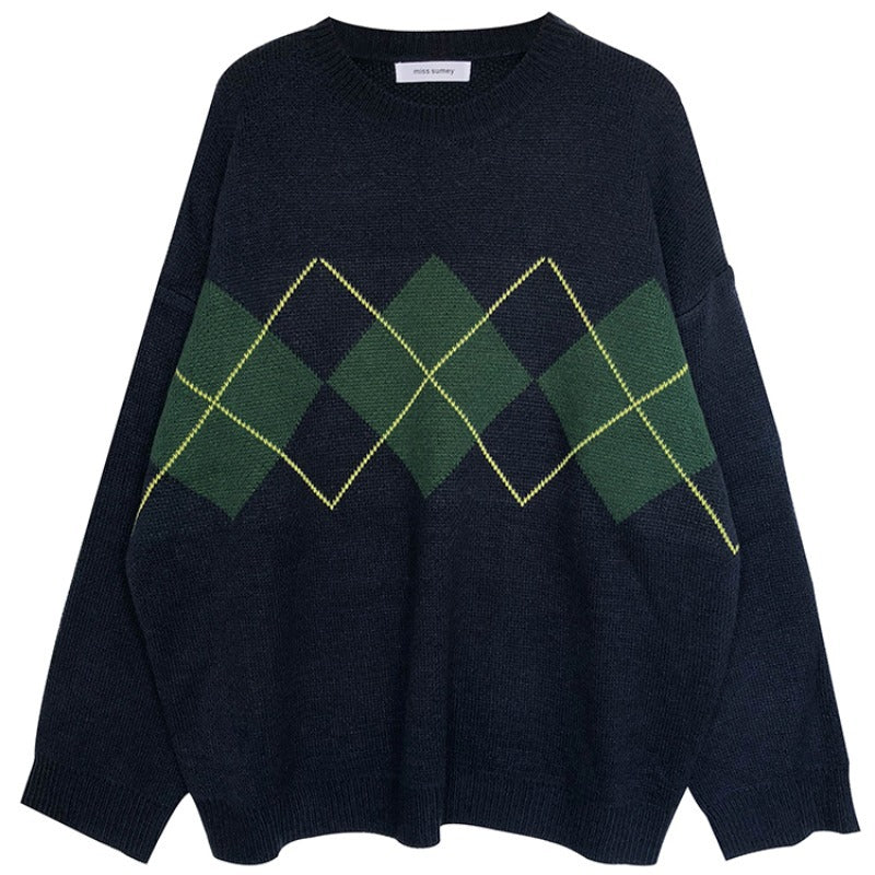 Autumn Winter Korean Rhombus Internet Celebrity Pullover Knitted Sweater Women