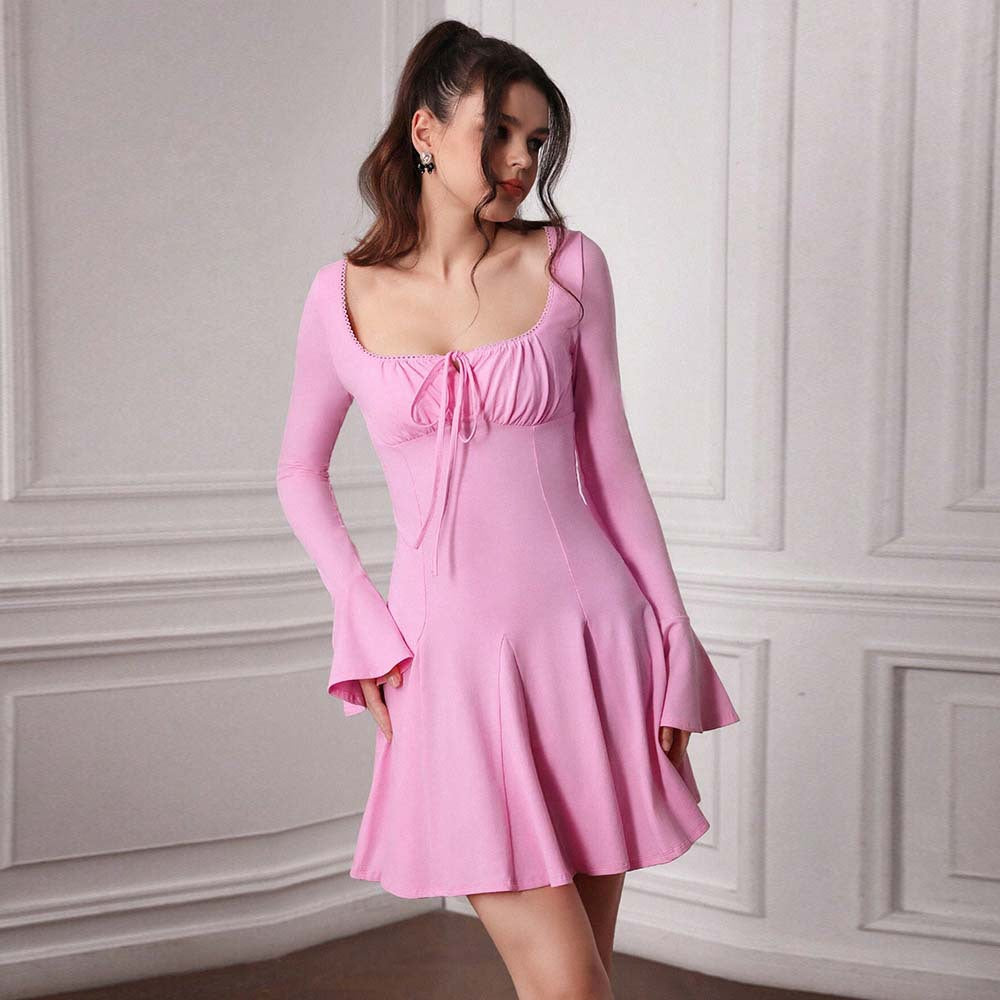 Women Clothing Sweet Sexy Dress Autumn Winter High Waist Square Collar Sweet Spicy Pink