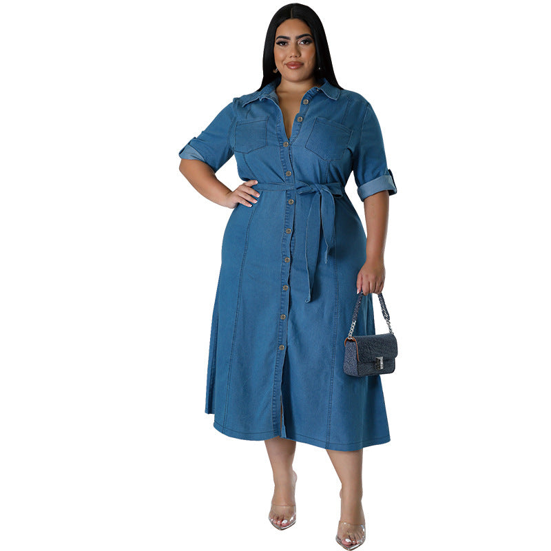 Plus Size Women Clothing Denim Collared Long Sleeve Tied Mid Length Dress