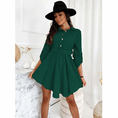 Spring Rolled Sleeves Cinched Blouse Long Sleeve Solid Color Dress