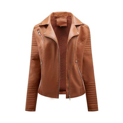 Short Spring Autumn Leather Women European Size Slim Collared Motorcycle Clothing Oblique Zipper Jacket Women Coat