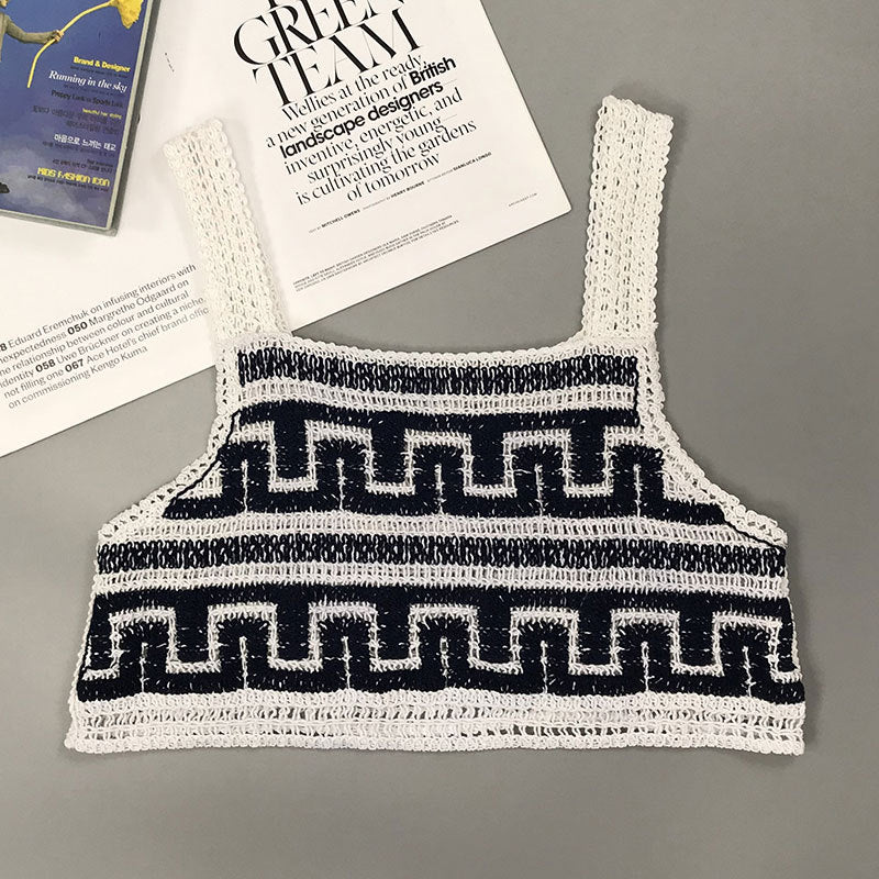 Retro Concave Convex Pattern Knitted Vest Camisole Women Short Summer Color Matching Crocheted Cutout Top