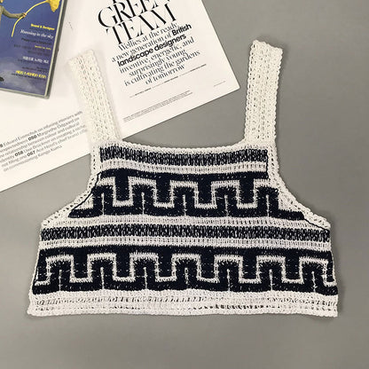 Retro Concave Convex Pattern Knitted Vest Camisole Women Short Summer Color Matching Crocheted Cutout Top
