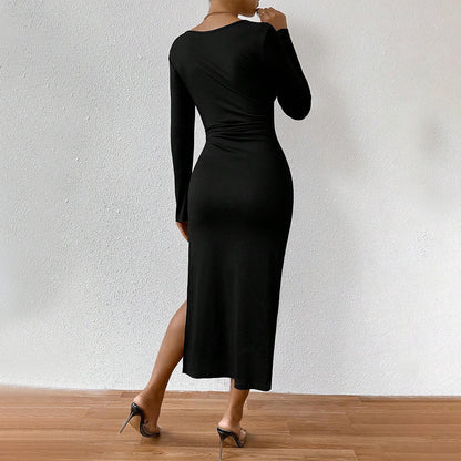 Women Clothing French Elegant Socialite Dress Autumn Winter Square Collar Sexy Slit Slim Midi Dress