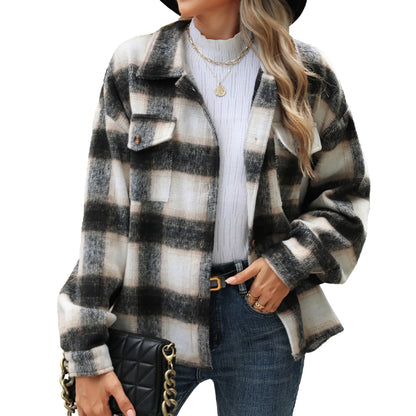 Autumn Winter Polo Collar Plaid Long Sleeve Loose Coat Women