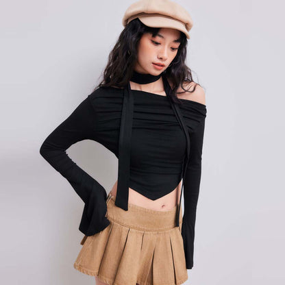 Sweet Spicy Sexy T shirt Autumn Winter Boat Collar off the Shoulder Design Short Top