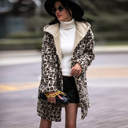 Autumn Winter Elegant Women Hooded Long Sleeve Loose Pockets Mid Length Cardigan Fluffy Leopard Coat Women