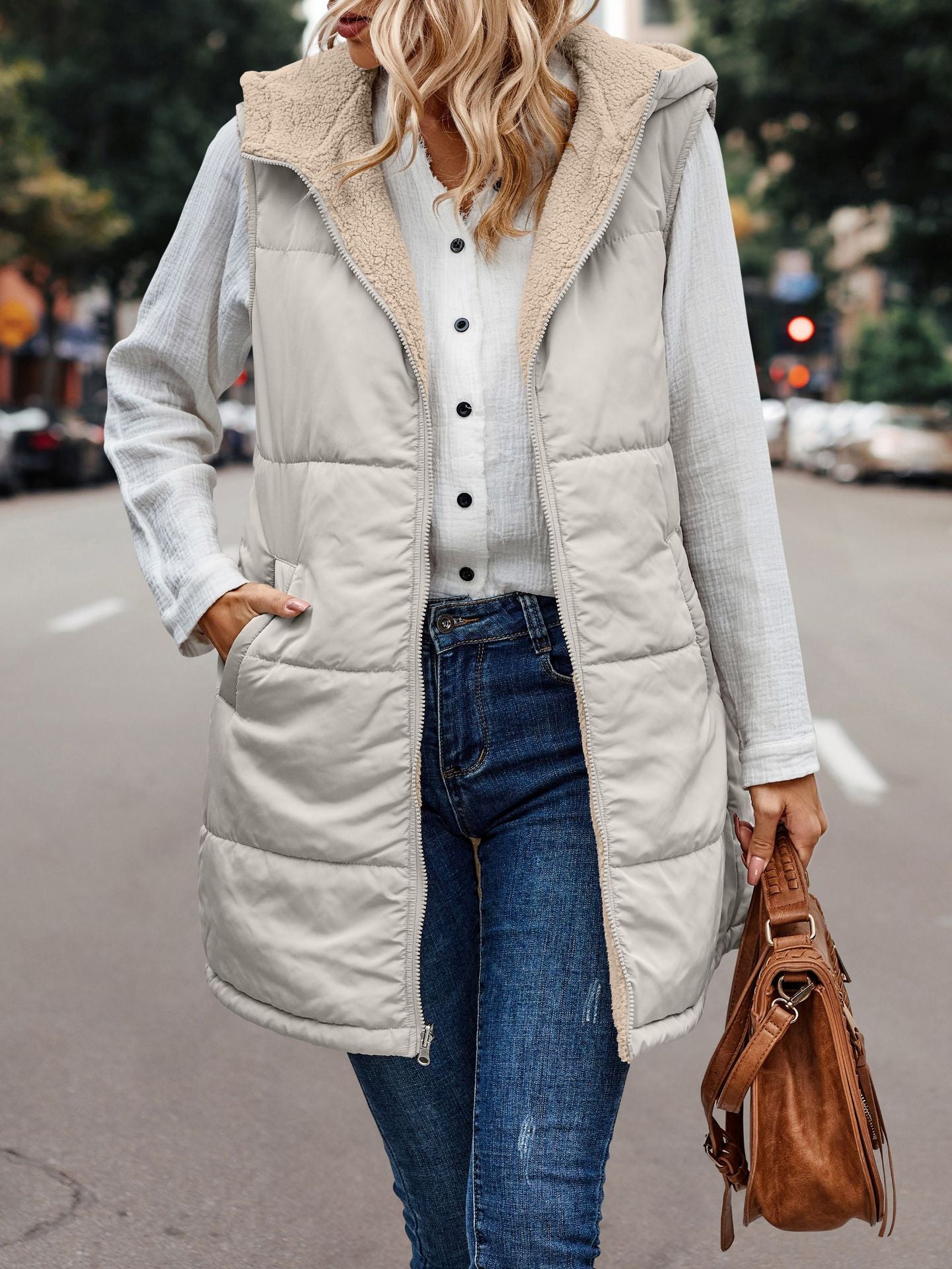 Simple Stitching Plush Double Sided Women Vest Hooded