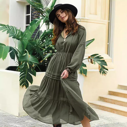 V Neck Long Sleeve Chiffon High Waist Slimming Dress Women Bohemian Vacation Dress