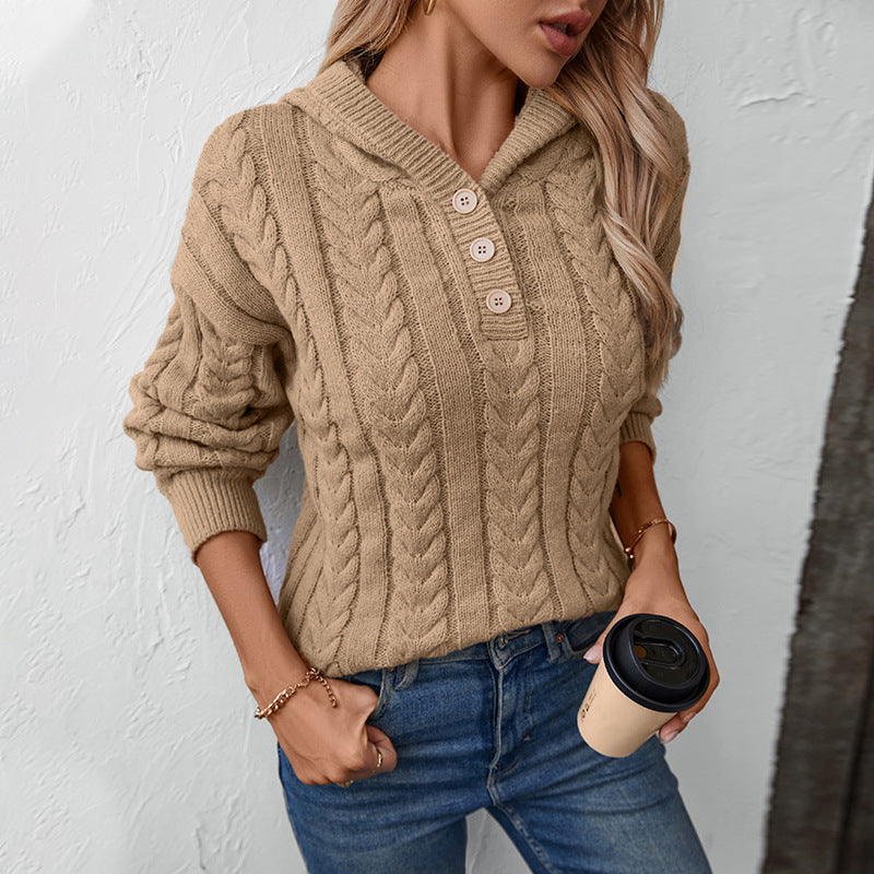 Hooded Pullover Thick Sweater Women Autumn Winter Retro Button Cable Knit Sweater Top Women