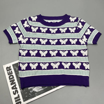 Short Sleeve Butterfly Girl Knitted Lining Taro Purple Knitted T shirt