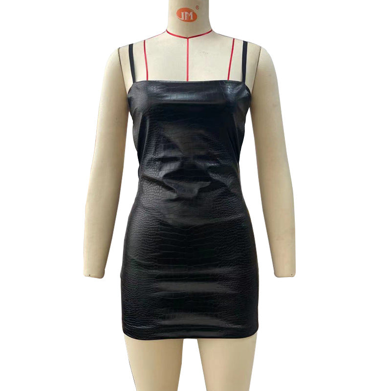 Women Mini Dress  Crocodile Texture Sling Leather  Sexy Backless Sheath