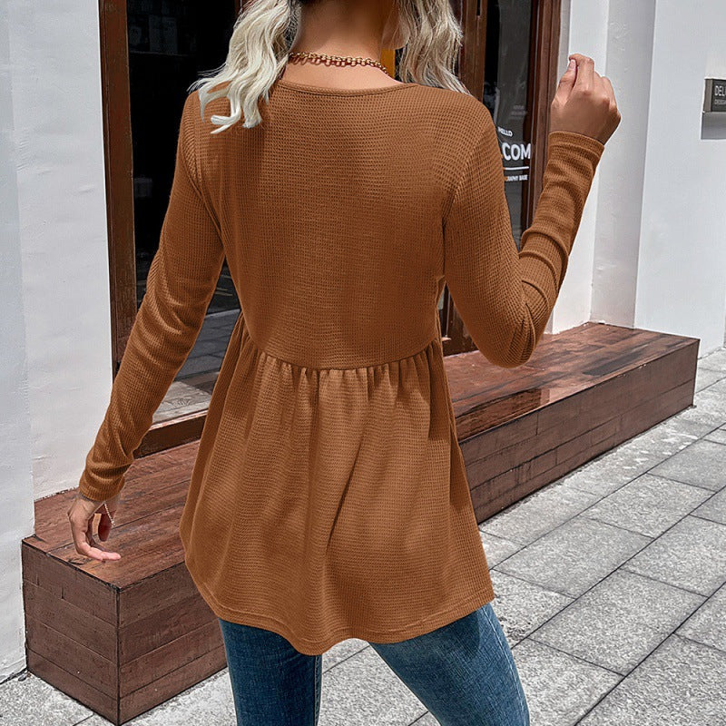 Women Clothing Loose Casual Mid Length T shirt Solid Color V neck Long Sleeve Tata Babydoll Top Women