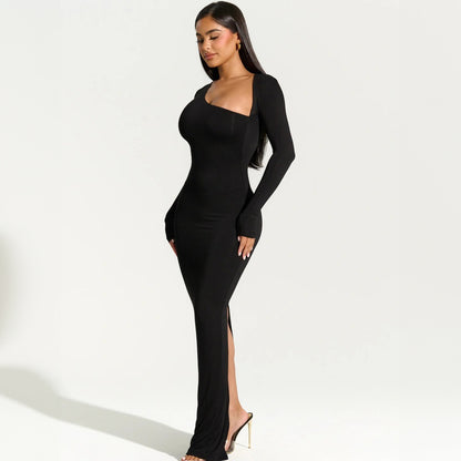 Women Clothing Summer Sexy Slim Fit Slimming Long Sleeves Diagonal Collar Back Slit Dress