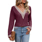 Fall Women Clothing V-neck Golden Lace Solid Color Hole Long Sleeve T-shirt
