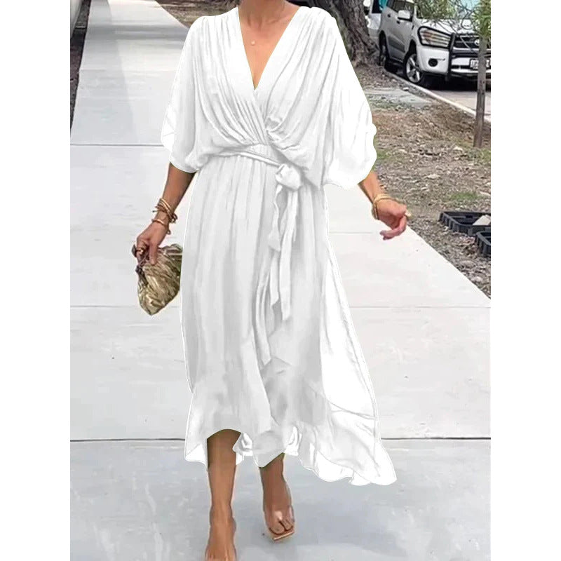 Women Clothing Solid Color Tied Maxi Dress Batwing Sleeve Irregular Asymmetric Dress