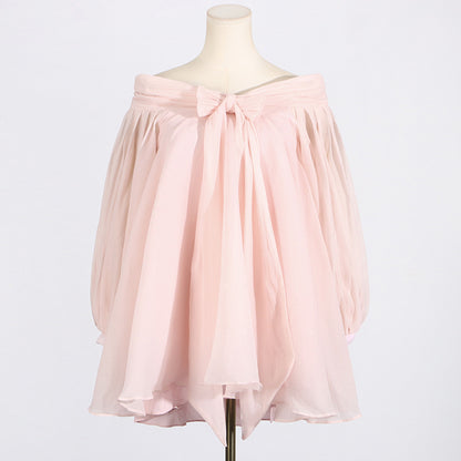 Fresh Sweet Summer off Neck Long Sleeve Bowknot Lace up Lantern Sleeve Tulle Tutu Dress Women