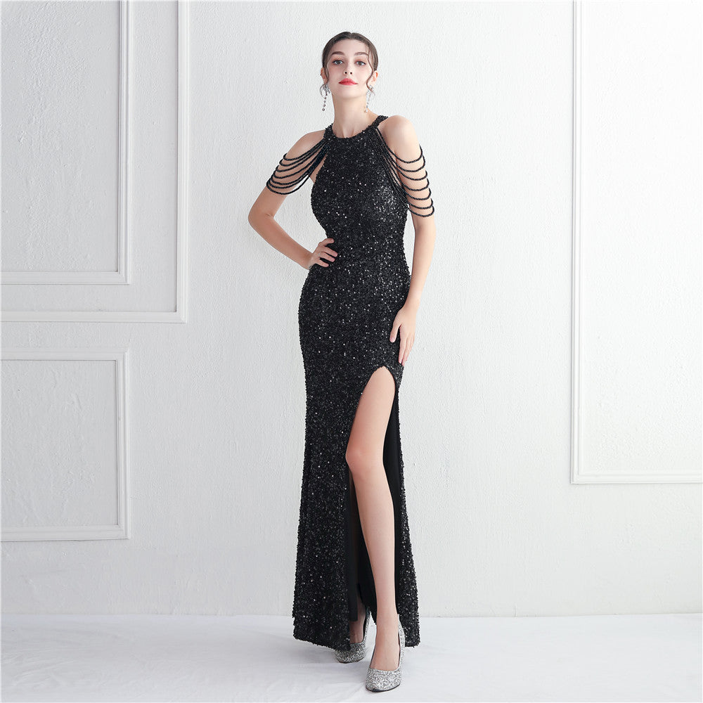 Heavy Industry Micro Glass Bead Craft Beaded Cocktail Evening Dress Elegant Long Halter Split Sequ