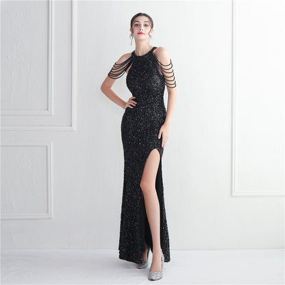 Heavy Industry Micro Glass Bead Craft Beaded Cocktail Evening Dress Elegant Long Halter Split Sequ