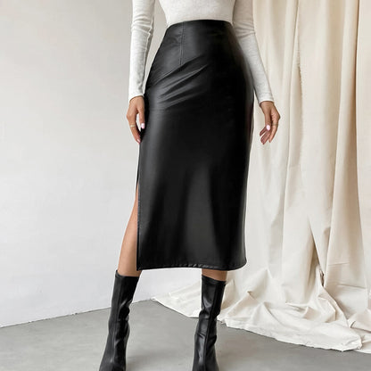 Fleece lined Matte Artificial Leather Sexy Skirt Leather Skirt Autumn Arrival Maxi for Women