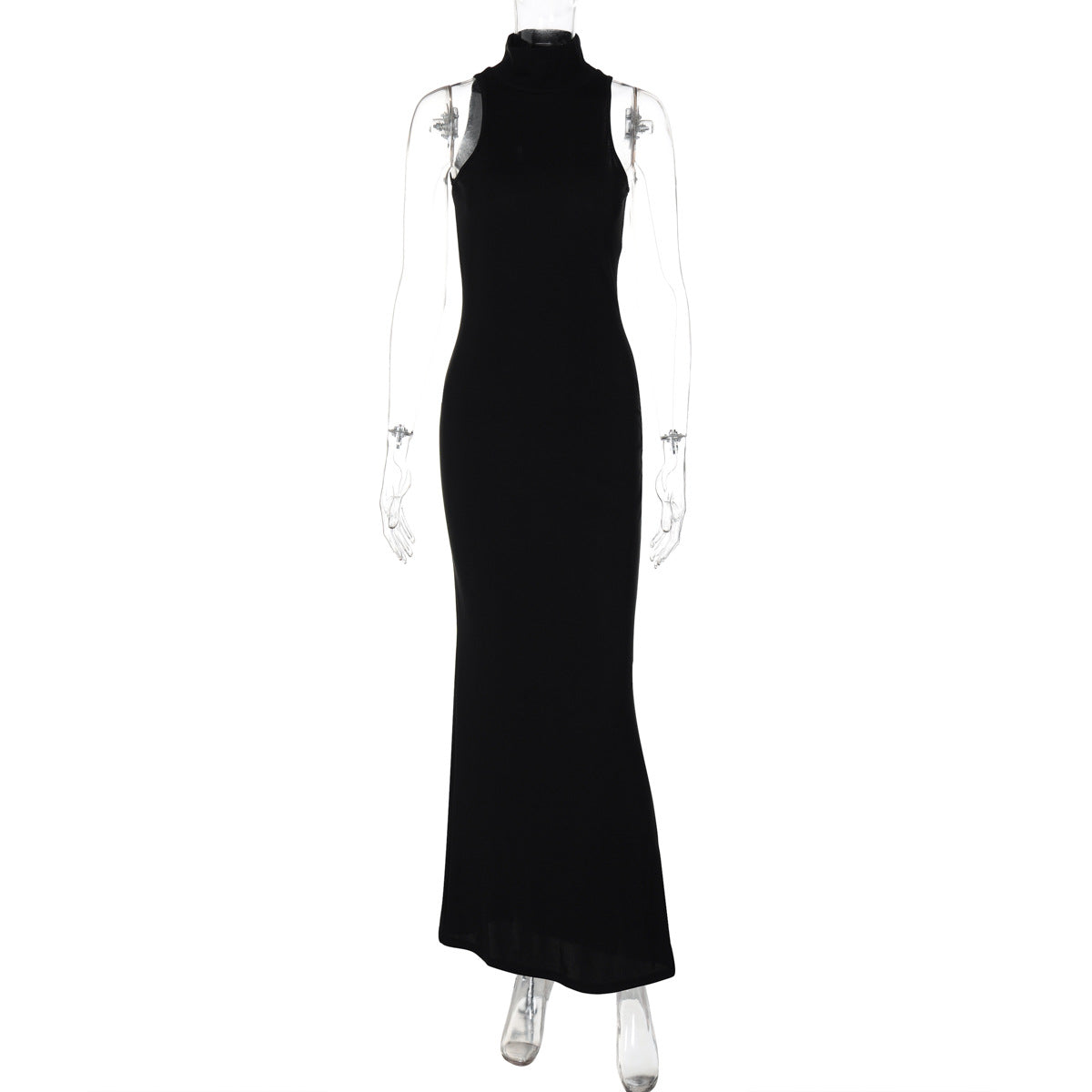 Women Clothing Fashionable Half Turtleneck Sleeveless Solid Color Slim Waist Slimming Maxi Dress