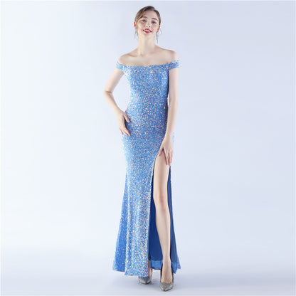 Velvet Bottom Handmade Sequin Cocktail Celebration Etiquette off Neck Evening Dress