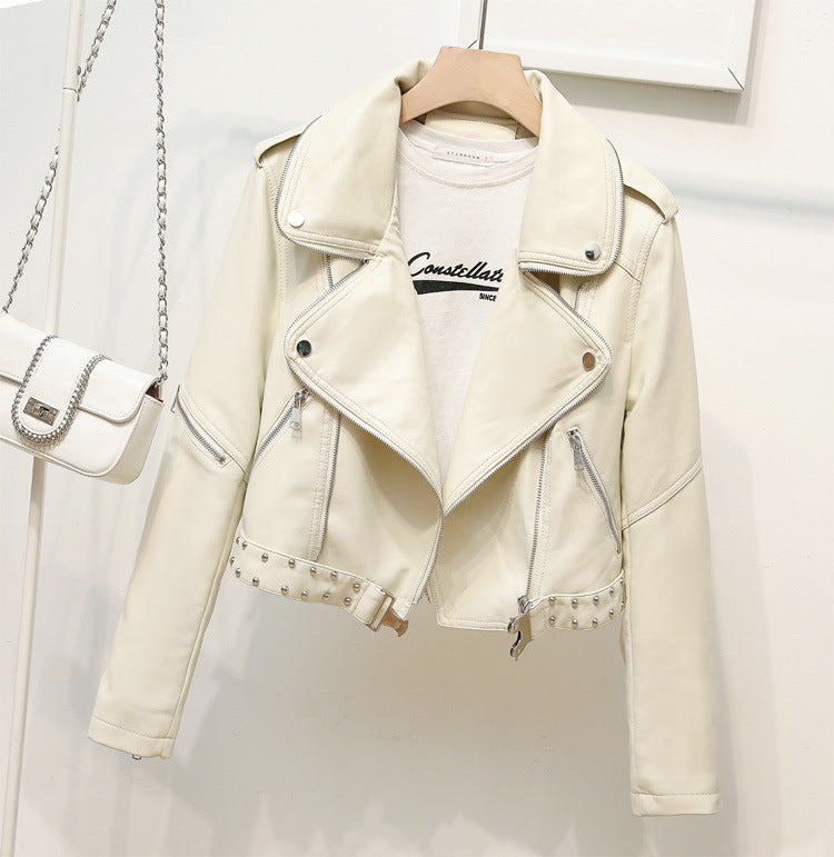 Waist Belt Rivet Heavy Industry Zipper Decorations Collared Women Faux Leather Coat Epaulet Leather Jacket Coat