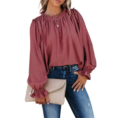 Red Ruffled Long Sleeved T shirt Women Autumn round Neck Top