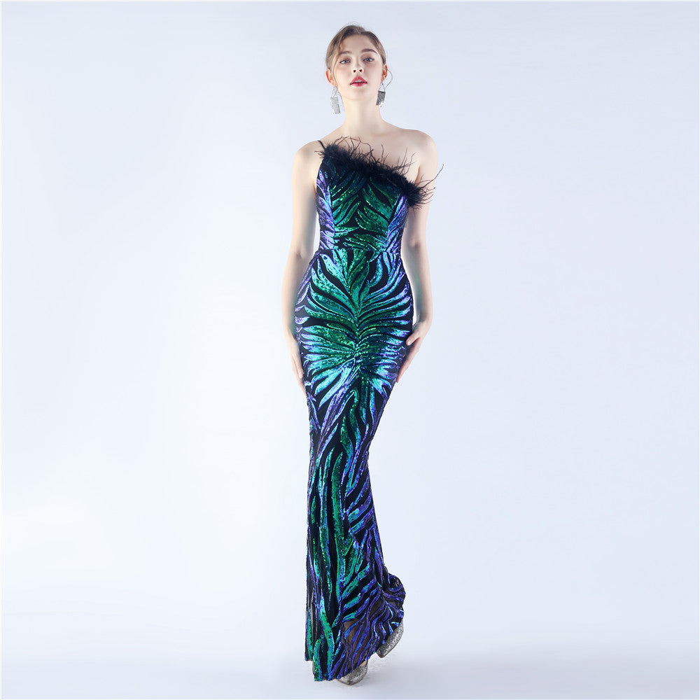 Positioning Floral Sequin Craft Order Ostrich Feather One Shoulder Diagonal Collar High End Evening Dress