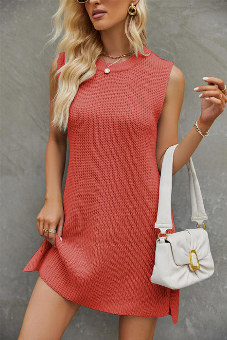 Spring Autumn Women Solid Color Round Neck Knitted Dress Office Split Dress Women
