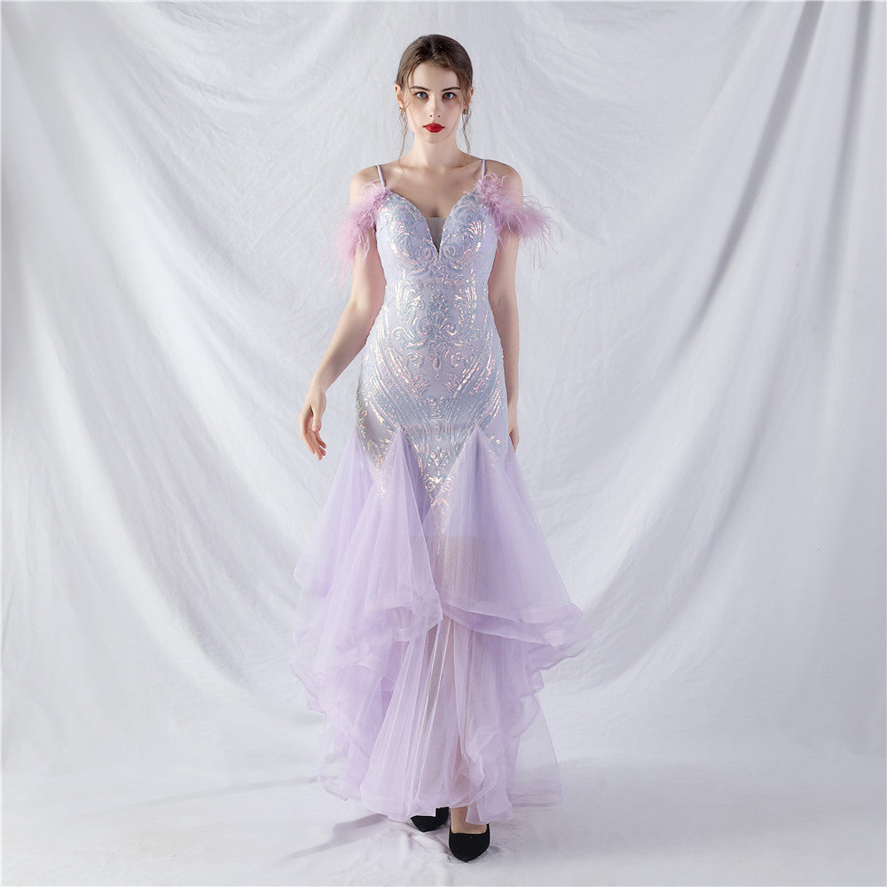 Craft Order Ostrich Feather Hard Mesh Positioning Floral Sequin Stitching Mesh Dance Performance Dress