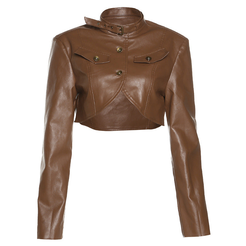 Winter Women  Clothing round Neck Long Sleeve Slim Fit Cropped Single Breasted Faux Leather Jacket