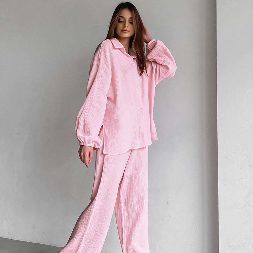 Autumn Winter Pink Cute Pure Cotton Warm Comfortable Long Sleeve Trousers Pajamas Two Piece Set Ladies Homewear