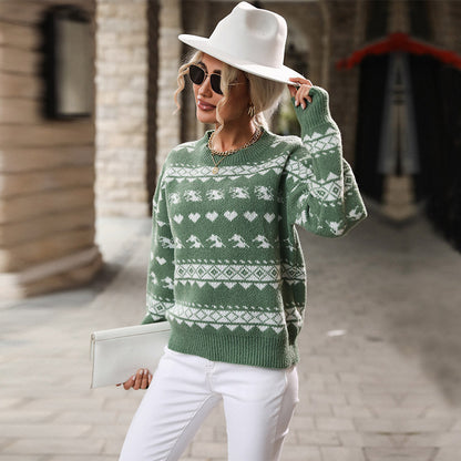 Autumn Winter Women Clothing round Neck Green Christmas Sweater for Women