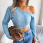 Autumn Winter Casual Hollow Out Cutout out Shoulder-Baring Long Sleeves Cropped Sweater Women Clothing