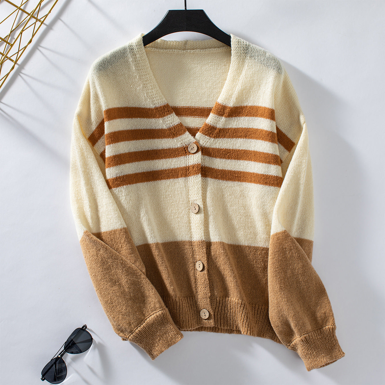 Autumn Winter Women Clothing Contrast Color Striped Button Knitted Cardigan Casual Loose Sweater Women Coat