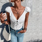 Summer Solid Color Pullover Drawstring Pleating Cropped Short Sleeve Women Clothing Large V neck Top T shirt