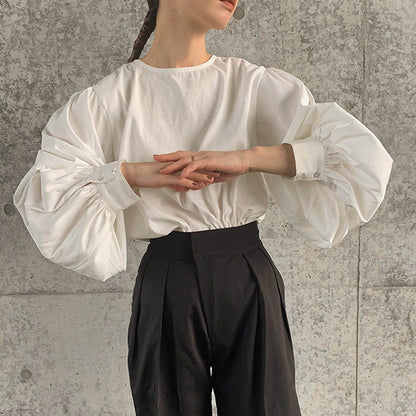 Autumn Crew Neck Shirt Women Korean Puff Sleeve Back Slit Pure Cotton Shirt