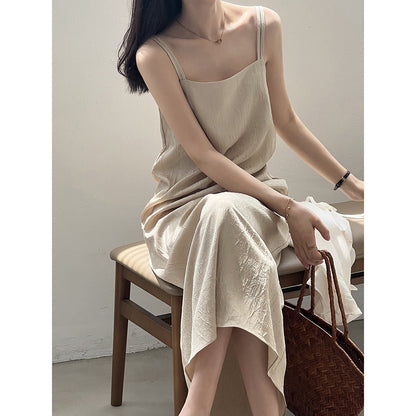 Chinese Traditional Buckle Pleated Suspender Women Summer Loose Maxi Dress