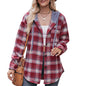 Women Clothing Autumn Winter Flannel Plaid Coat Hooded Casual Shirt
