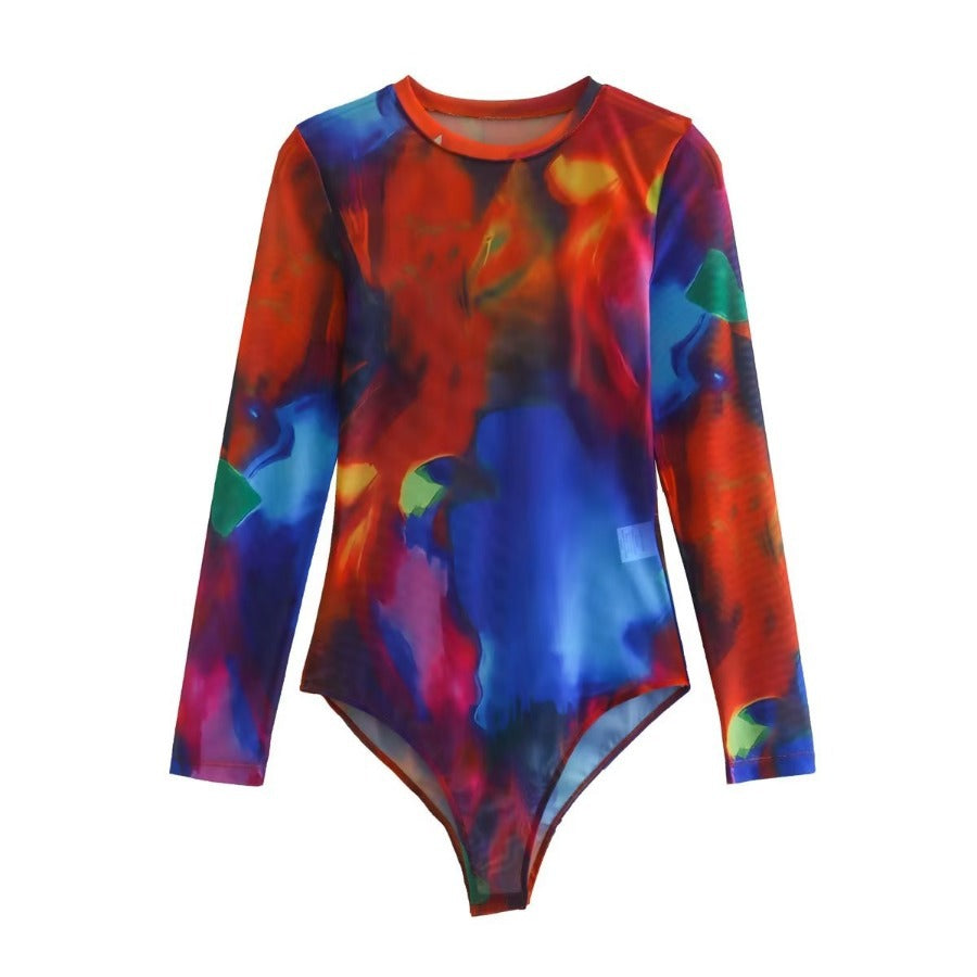 Autumn Mesh Printed round Neck Long Sleeve Women Clothing Bodysuit Top