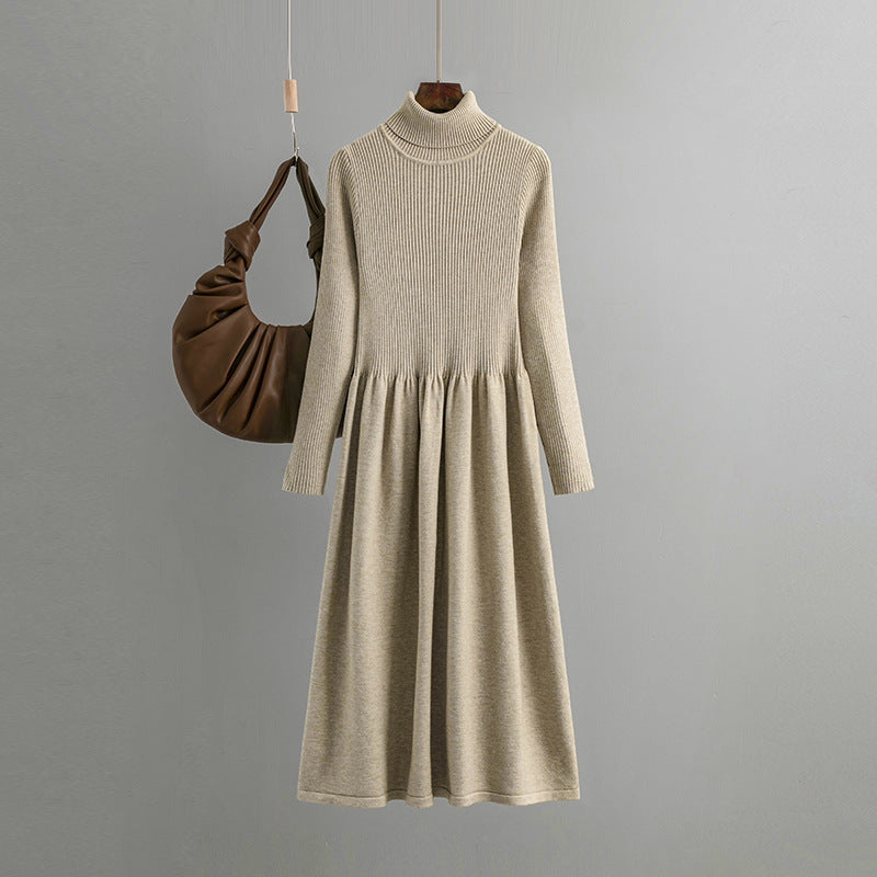 High Neck Inner Wear Knitted Dress for Women Autumn Winter Slim Fit Match with Coat A line Waist Fitted Overknee Base Woolen Dress Tide